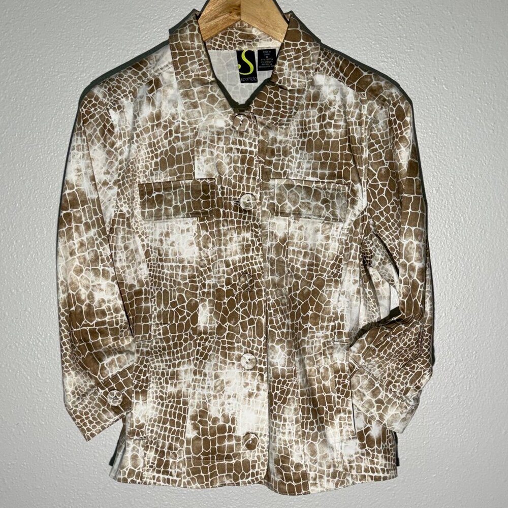 Sportelle Animal Print Button Down Tan White Jacket Size M